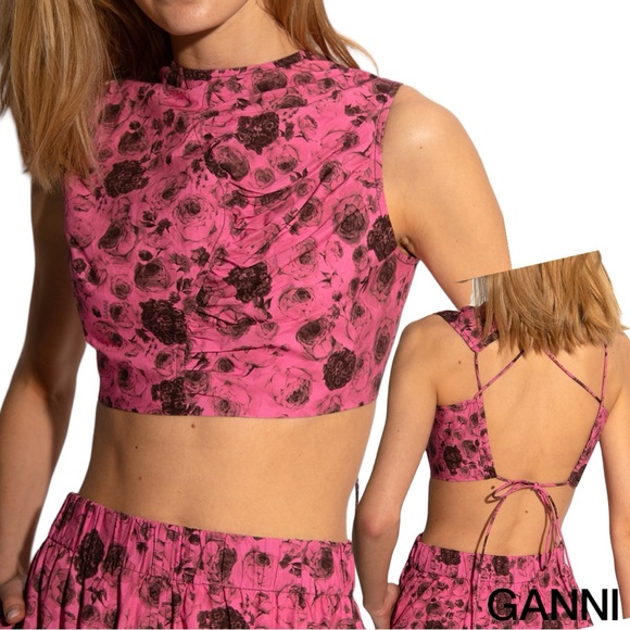 GANNI **NWT** Asymmetrical Ruched Lace-Up Top in Pink Rose Print - Picture 2 of 16
